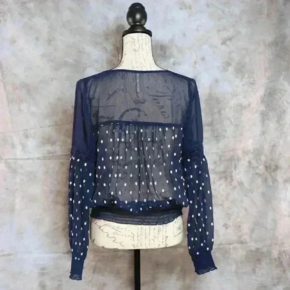 Women's Free People Size S navy blue polka dot embroidered sheer shirt - Picture 8 of 14